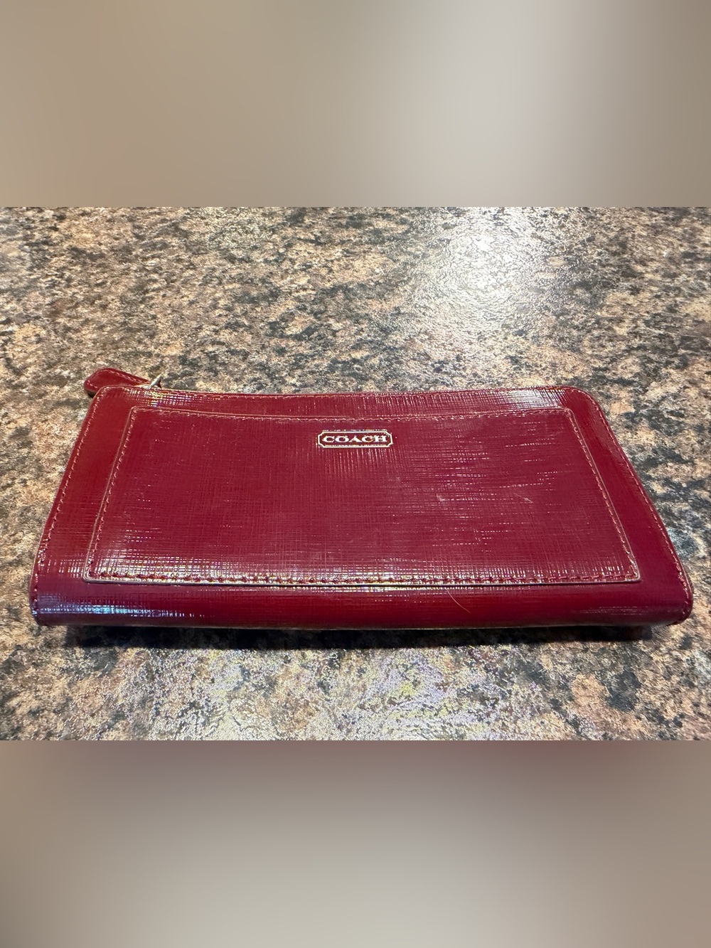 Coach Patent Leather Wallet in Deep Burgundy with Gold Logo